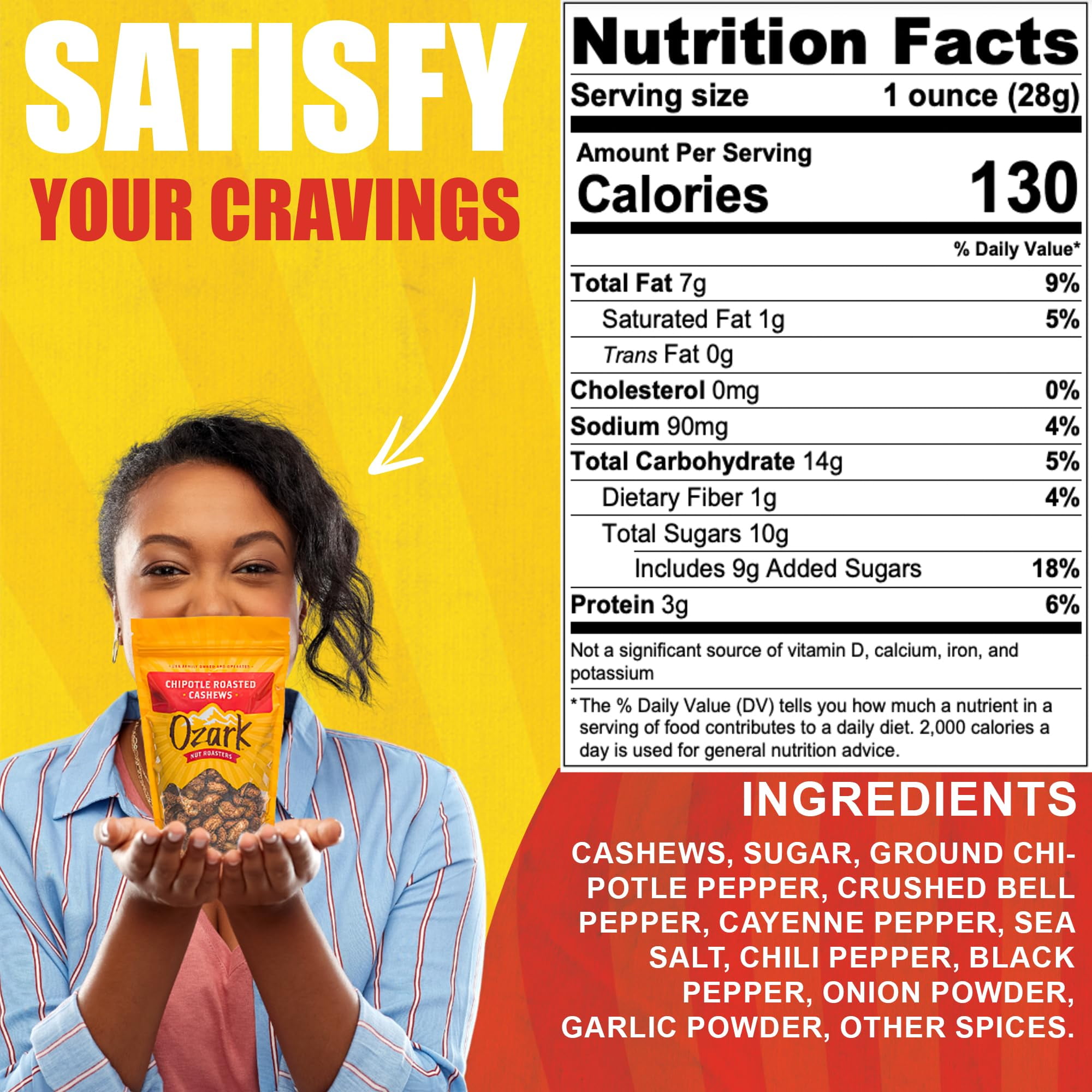OZARK NUT ROASTERS, Chipotle XEF1&nbsp;Roasted Cashews w/Spicy Kick, Flavored Snack Nuts, World-Class Gourmet Candied Peanuts, Resealable Pack (14.0 oz)