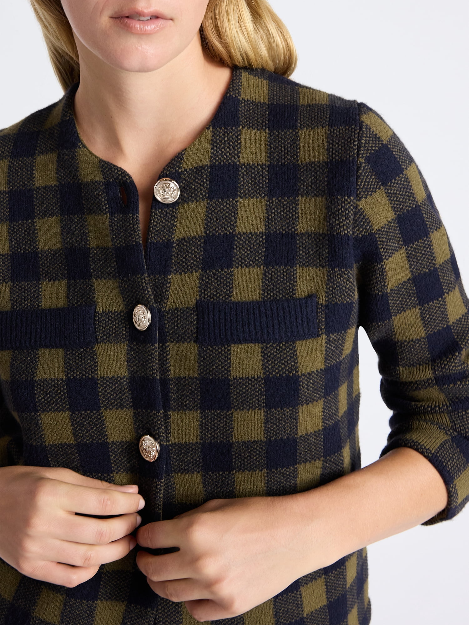 Free Assembly Women's Plaid Cardigan Sweater with Double Welt Pockets, Midweight, Sizes XS-XXL