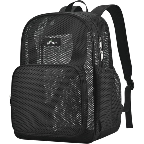MAY TREE Heavy Duty Mesh Backpack Durable Breathable Bookbag for School Beach Swim Outdoors - Black
