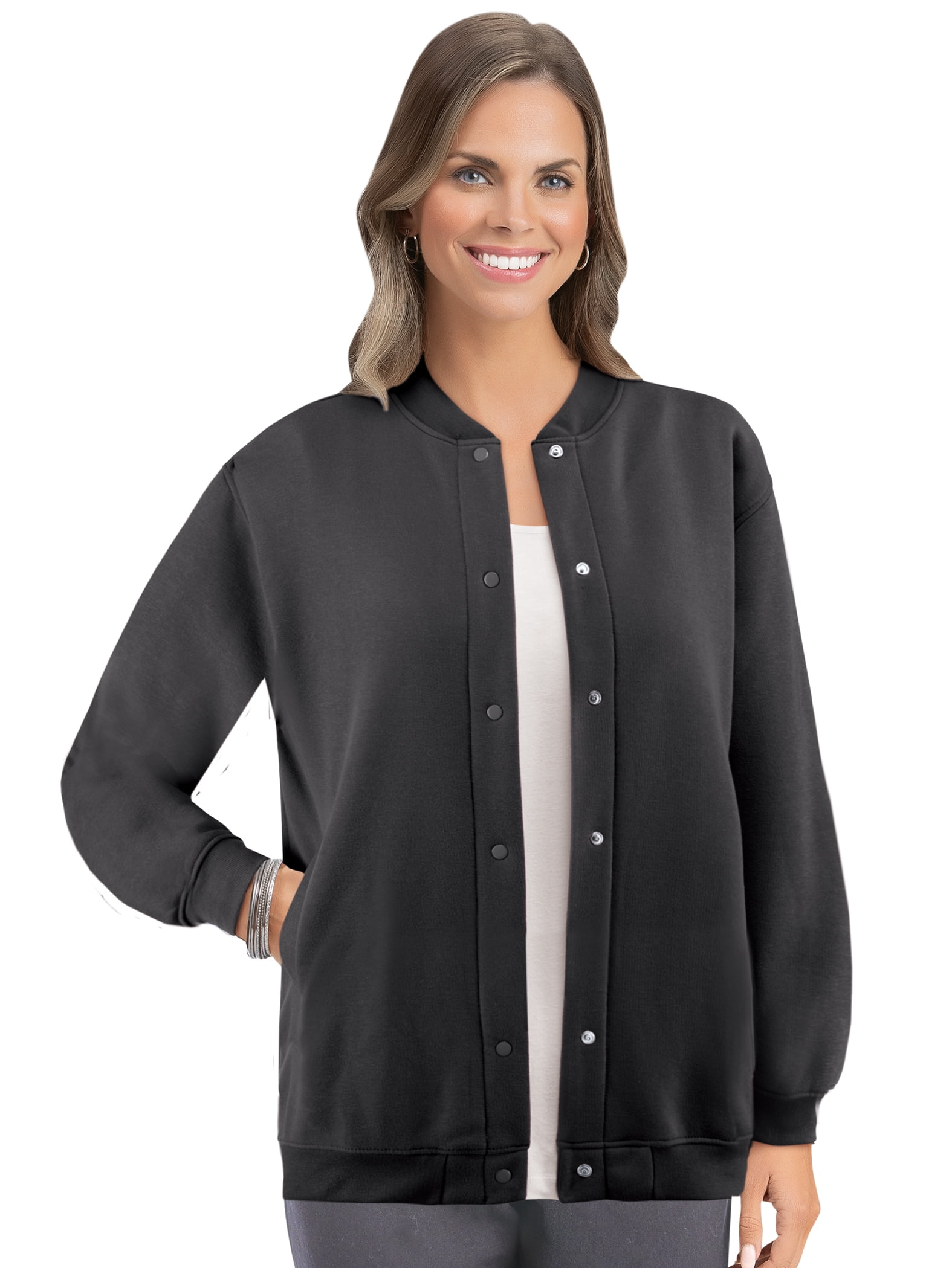 Collections Etc Women's Full Snap Front Fleece Jacket with Side Pockets Polyester Black