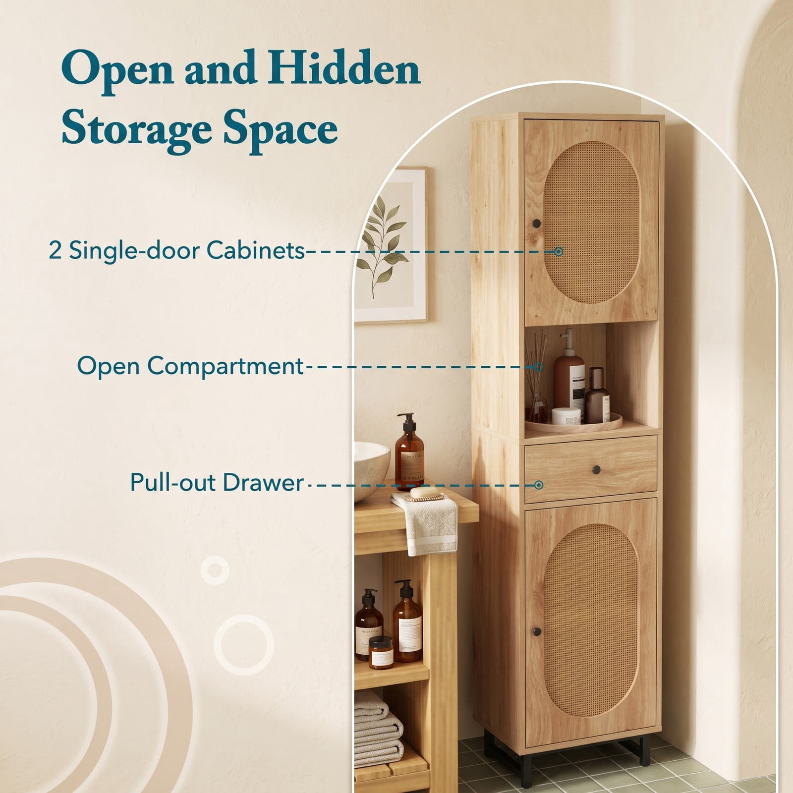 ALPULON 67 Inch Tall Bathroom Cabinet, PE Rattan Freestanding Floor Storage Cabinet with 2 Doors, 1 Drawer and Adjustable Shelves for Bathroom Living Room, Natural