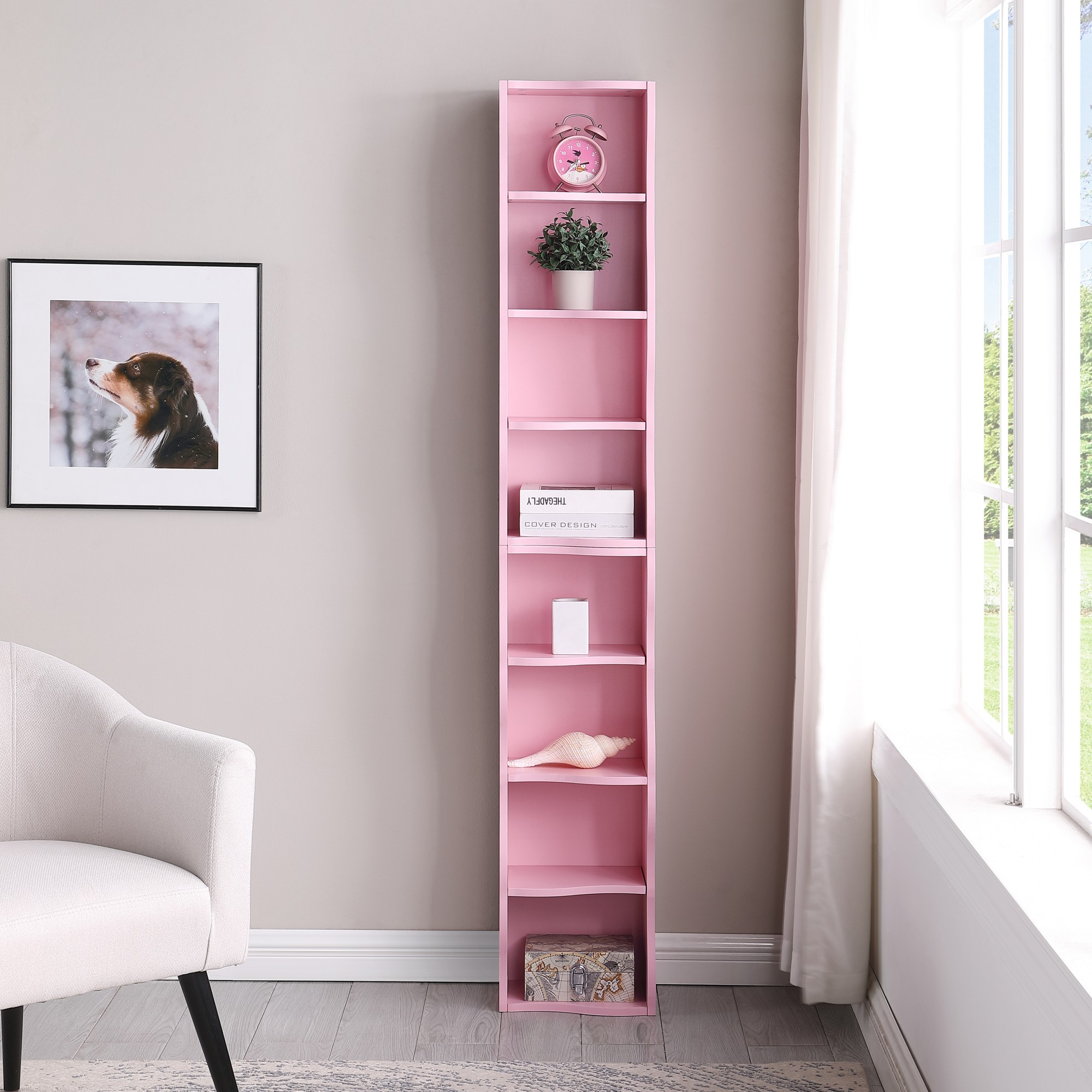 71" Tall Narrow Bookcase with Storage Cabine,8 Tier Cube Bookshelf Display Shelf Stand for Home Office, Living Room,Pink