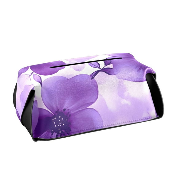 Purple Flower Watercolor Tissue Box Cover Leather Square Rectangle Tissue Box Holder for Bathroom Living Room Desk Office Decor