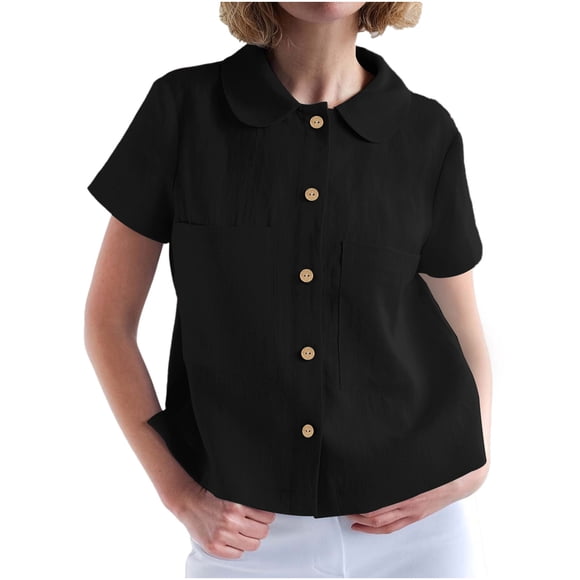 Ltctricy Women's Button down Shirts Short Sleeve Babydoll Collared Side Split Crop Tops Casual Loose Blouses with Pockets