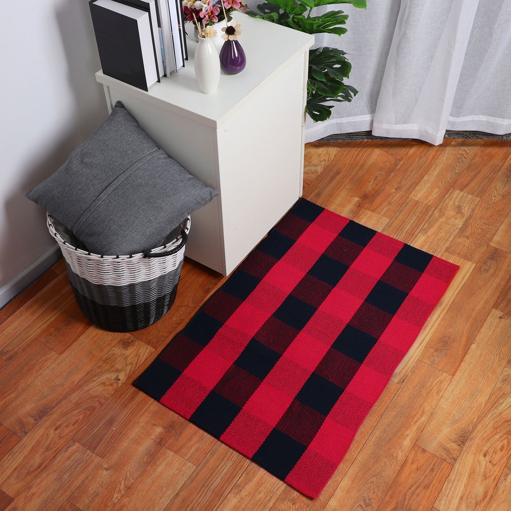 PiccoCasa Cotton Woven Buffalo Plaid Area Floor Rug, Red Black, (35.4