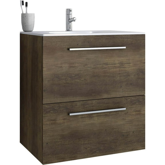 Orren Wall Mounted Barok Oak Bathroom Vanity 2 Drawers with Integrated Washbasin