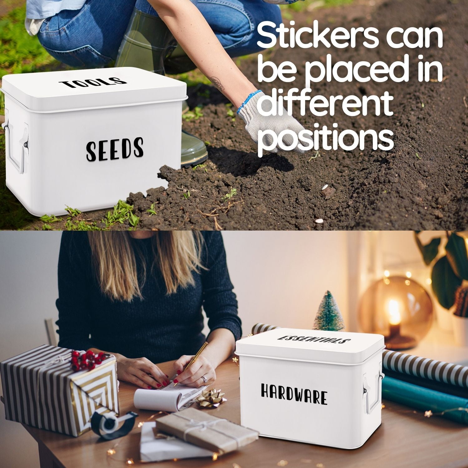 Flexzion Tin Storage Box with Removable Tray, 8 Inch Seed Organizer Box and Metal Seed Holder Organizer with Hinged Lid, Toolbox Container for Crafts, Hardware, Tools, Essentials – White