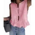 thumbnail image 3 of Linen Tie Front Tank Top Women Pleated Peplum Blouse Y2K Babydoll Ruffle Shirt Sleeveless Tunic Outfits Pink S, 3 of 10