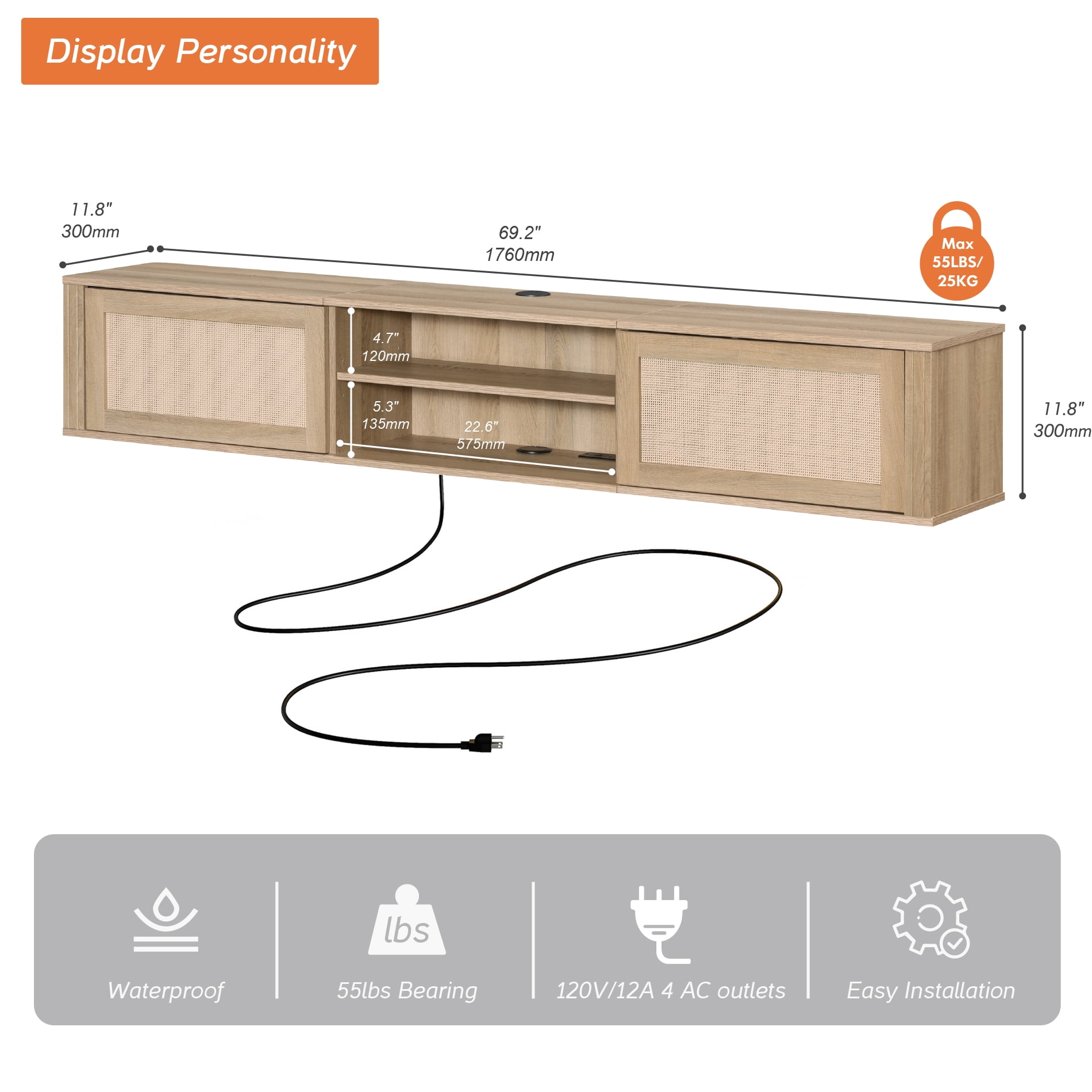 Floating TV Stand with Power Outlet and Rattan Doors，Oak