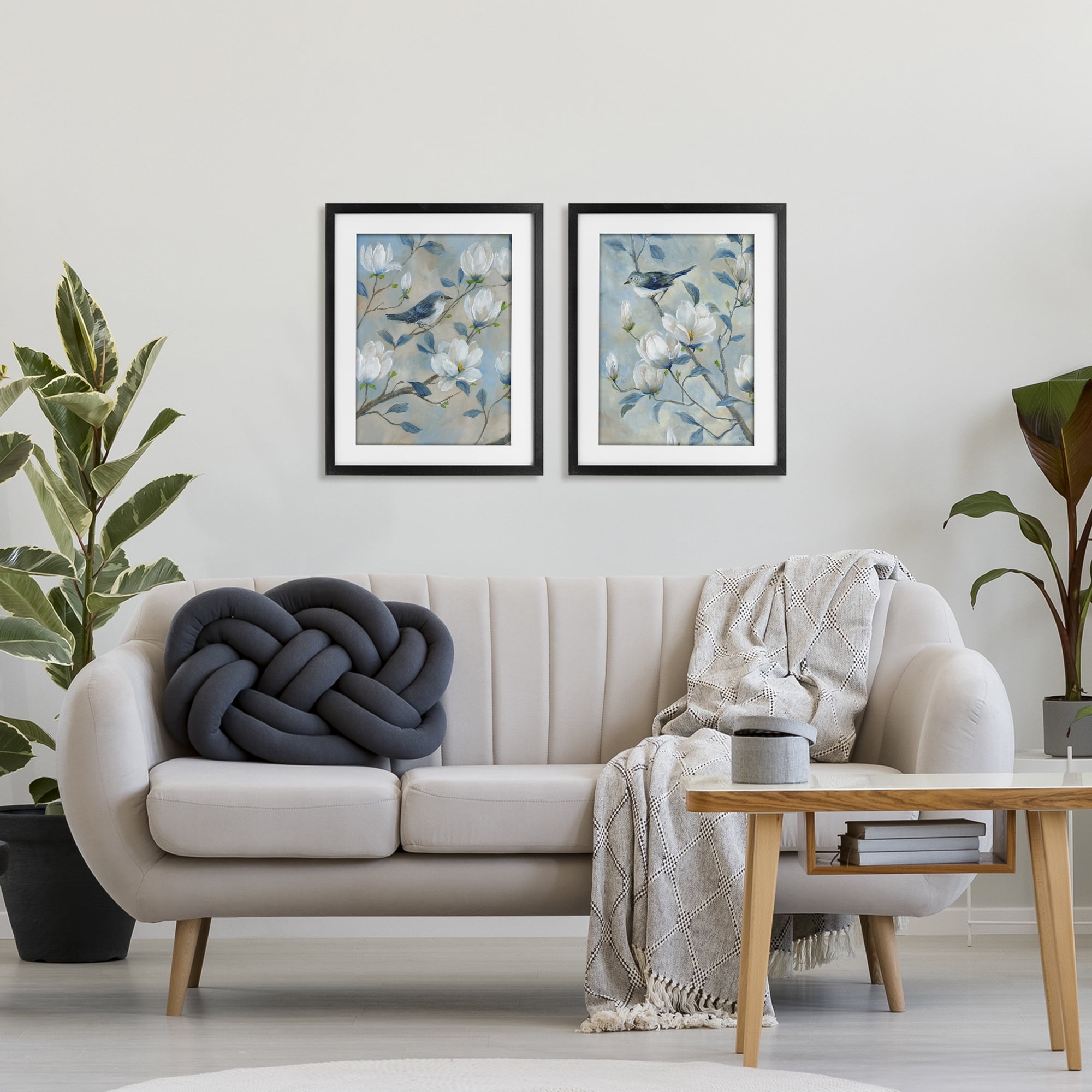 Stupell Industries Blue Birds in Magnolia Tree 2 Piece Black Framed Print Under Glass Set, design by Nan