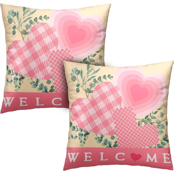 Valentine Day Pillow Covers 18x18 Set of 2 Valentines Day Pink Heart Throw Pillow Covers Pink Hearts with Eucalyptus Decoarative Pillow Case Cushion Case for Couch Sofa