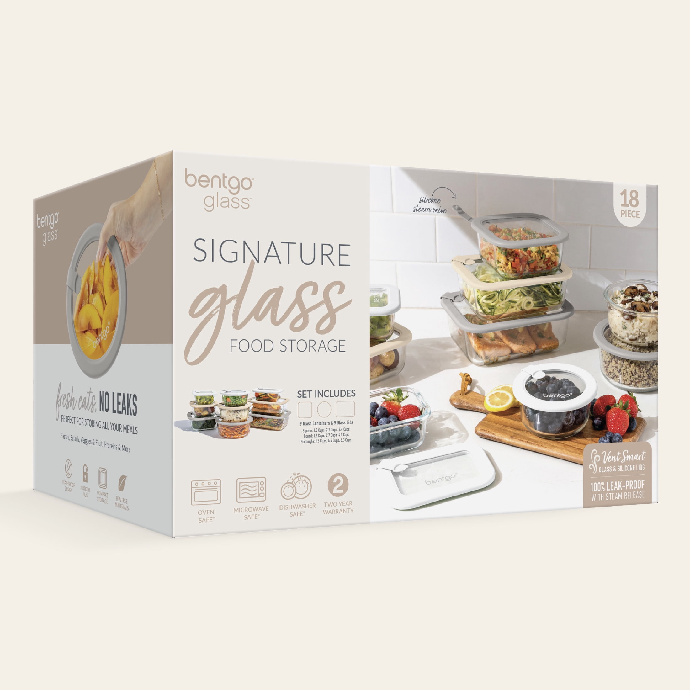 Bentgo Signature Leak-Proof Glass Food Storage - 18-Piece Set, 1-Compartment Plastic-Free Containers with Airtight Glass Lids, BPA-Free, Microwave, Freezer, Oven & Dishwasher Safe (White Stone)