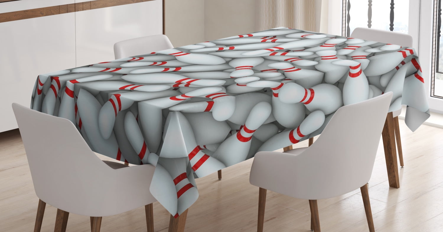 Bowling Party Decorations Tablecloth, Pile of Vivid Bowling Pins Skittles Red Stripes 3D Style
