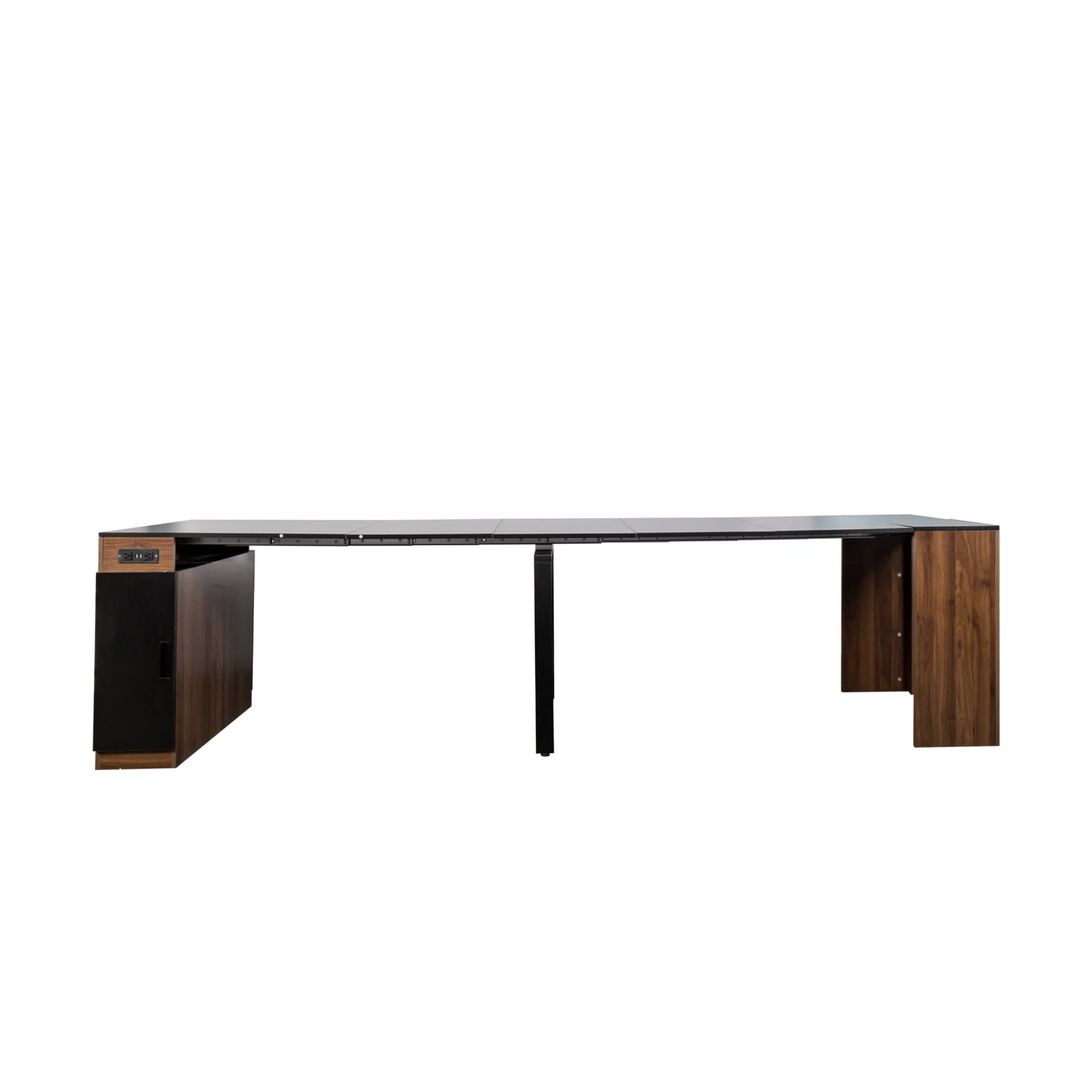 Noble House 118" Extendable Dining Table, Console-to-Table with Outlet, 5 Leaves & Panel Storage, Walnut + Black