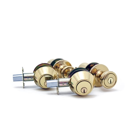 Atlas Tulip Home Security Kit with 2 Entry Locking Door Knobs and 2 Deadbolts Combo Kit, Polished Brass