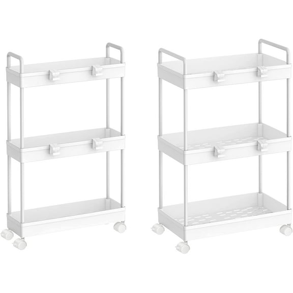 Oumilen 2 Pack 3 Tier Slim 15.4" Storage Kitchen Cart, Shelving Unit Rolling Rack with Wheels, White