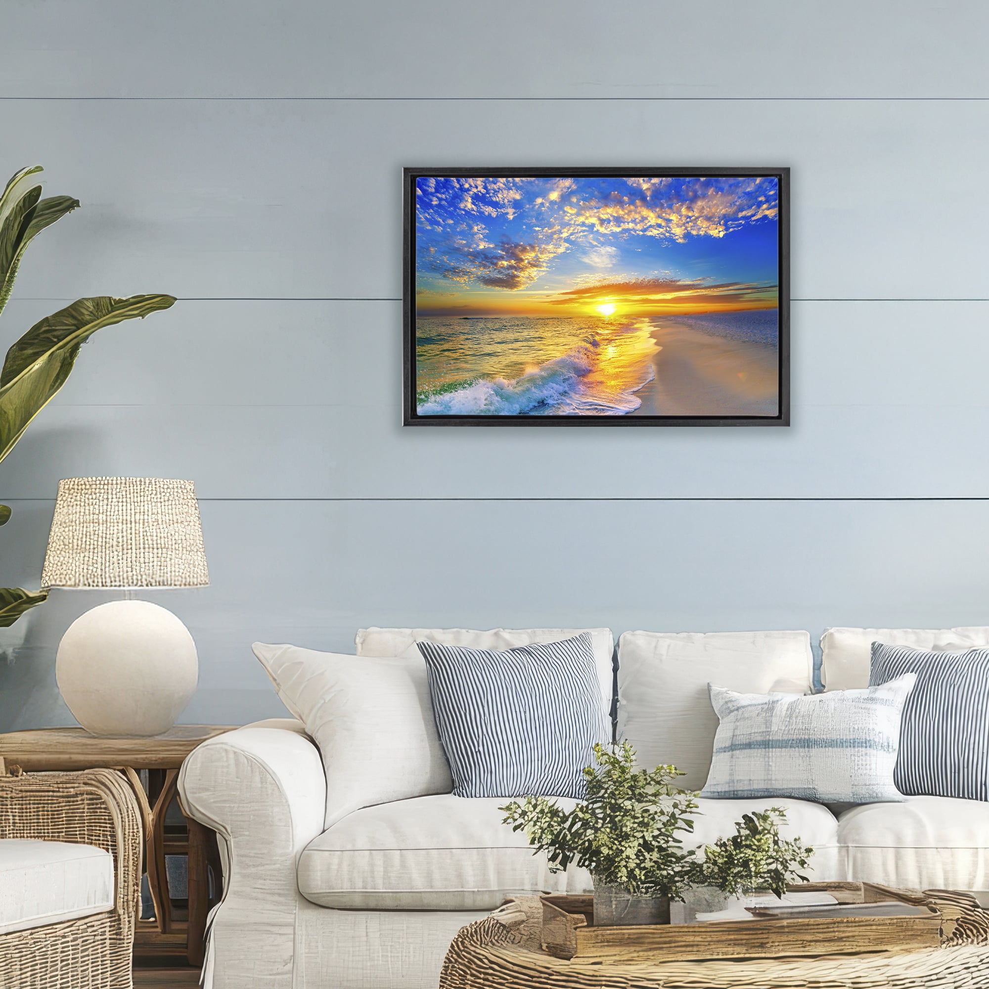 Stupell Industries Golden Sunset Beach Blue Sky Black Framed Floater Canvas Wall Art, design by Eszra Tanner