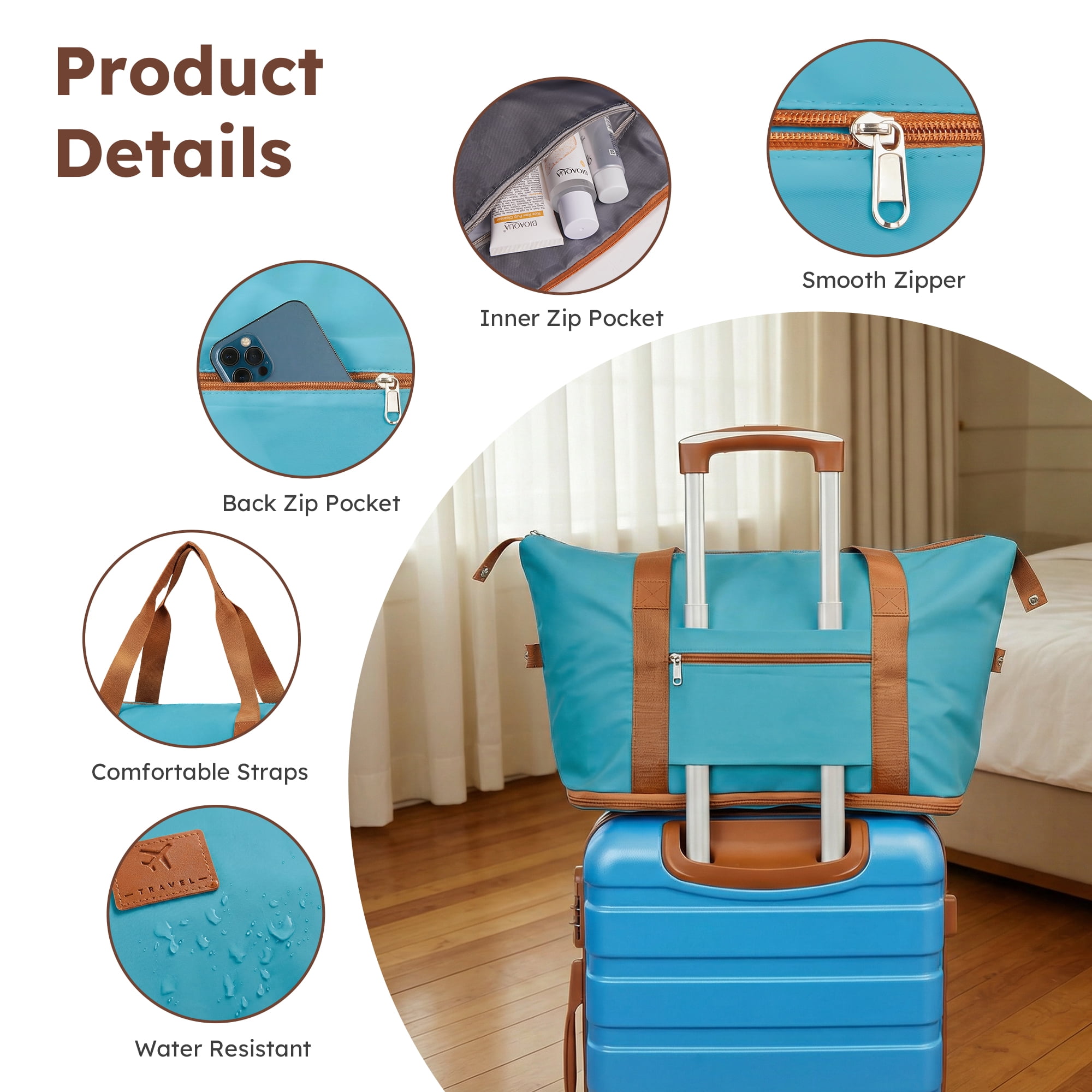Gowill 5 Piece Luggage Sets,20/24/28 inch Hardside Lightweight ABS Suitcase With Expandable Duffle Bag (Sky Blue Tan)