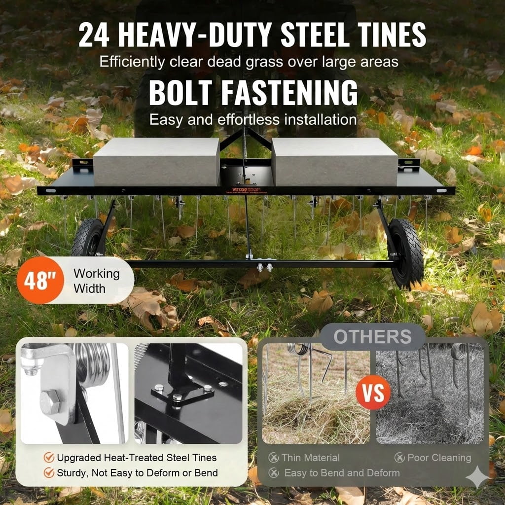 Tow Behind Dethatcher, 48-inch Tow Dethatcher with 24 Spring Steel Tines, Lawn Dethatcher Rake for ATV or Mower, Tow Behind Lawn Rake with Lift Handle for Garden Farm Grass