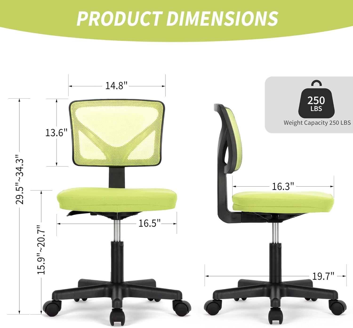 QUIOCOZY Armless Small Home Office Desk Chair, Ergonomic Low Back Computer Chair, Adjustable Rolling Swivel Task Chair with Lumbar Support for Small Space