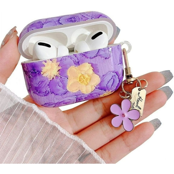 Compatible with Airpods Pro Case with Floral Keychain,Cute Colorful Retro Oil Painting Flower Pattern Design,Soft TPU Smooth Shockproof Charging Case for AirPod Pro for Girls Women-Purple