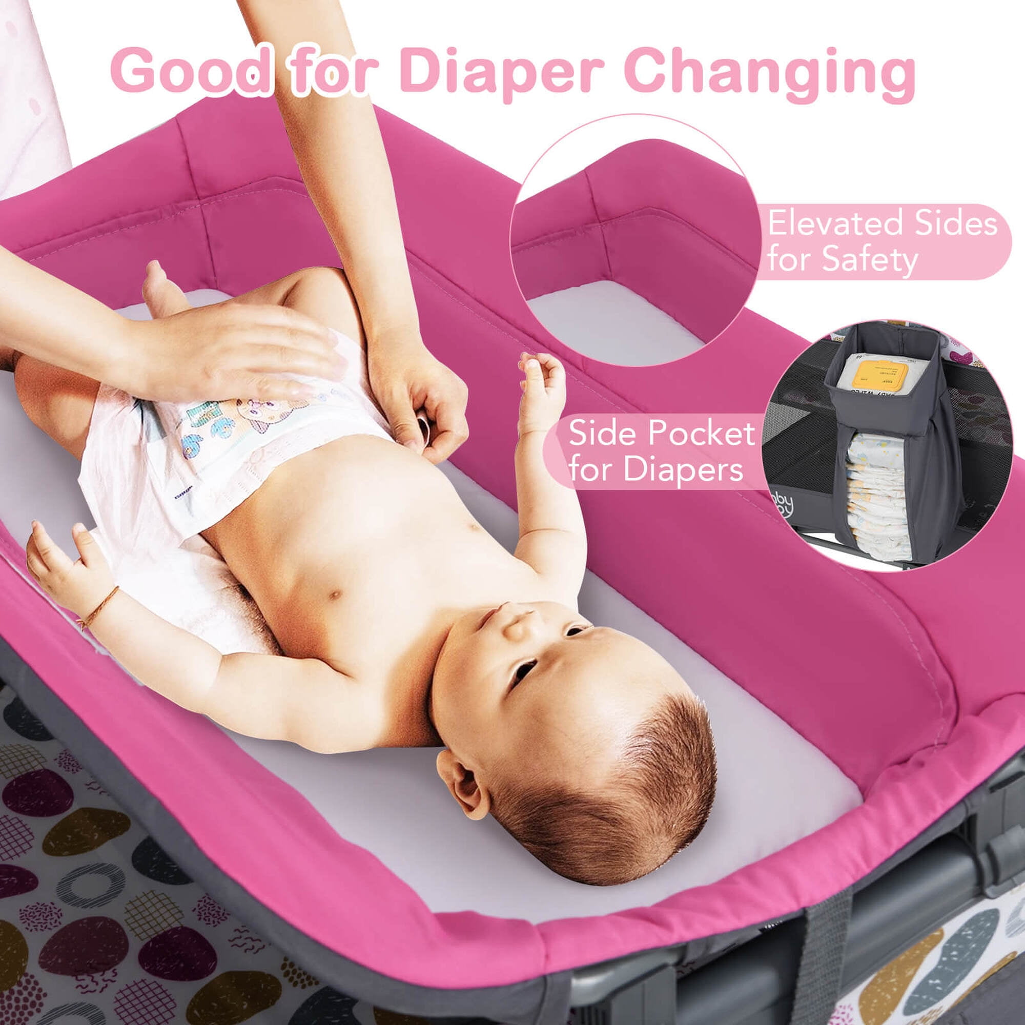 Costway 5 in 1 Bedside Bassinet with Diaper Changer Lockable Wheels & Travel Bag Rose Red