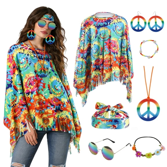 7Pcs Hippie Costume Accessories Set Includes Headband Poncho Necklace Earrings Sunglasses for Women