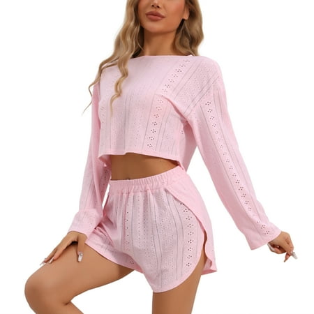 DARING DIVA Women s Hollow Out Tops with Slit Shorts Pajamas Sets XL Pink
