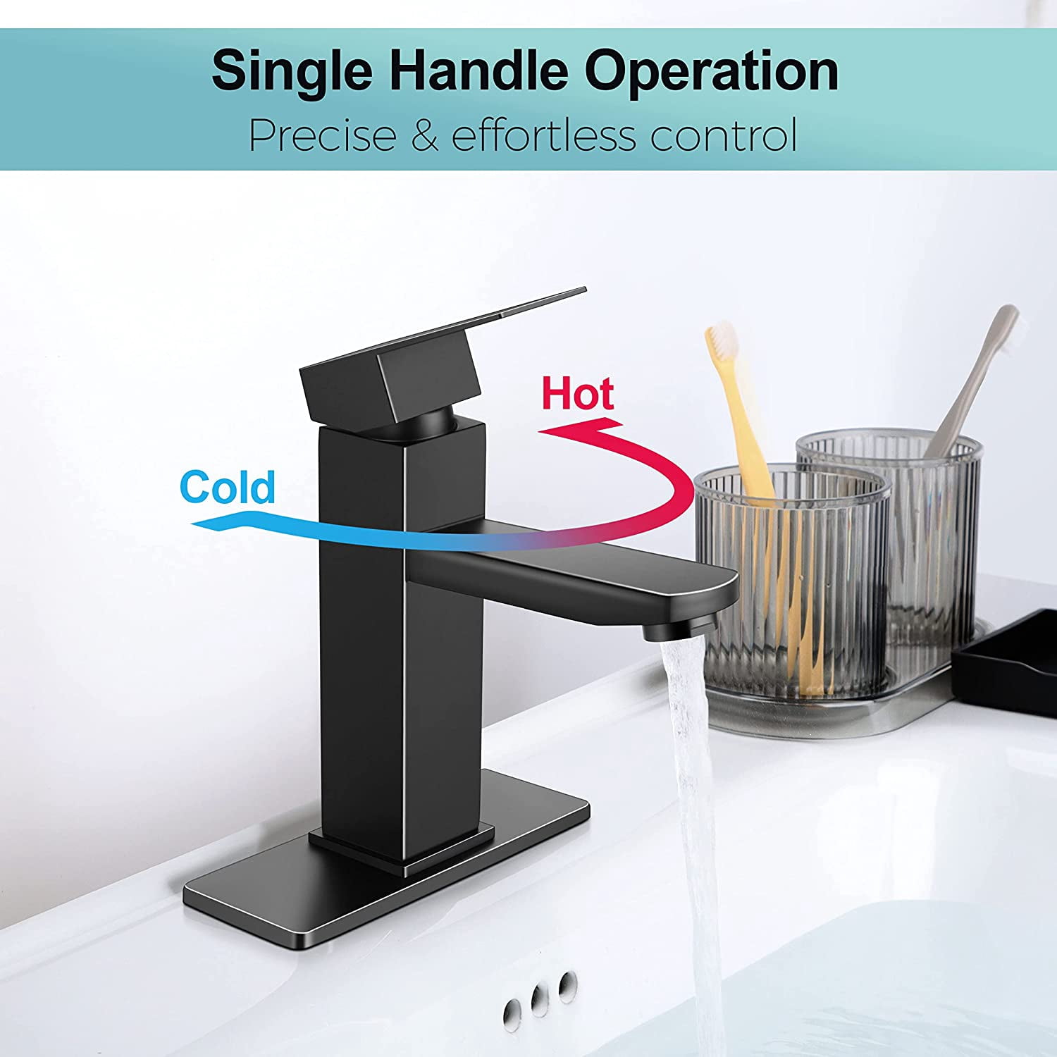 Matte Black Bathroom Faucet with Brass Pop-Up Drain - Single Handle Stainless Steel Sink Faucet for 1 or 3 Hole Installation, Waterfall Spout, Easy to Install - Includes 2 Water Hoses