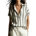 thumbnail image 2 of Endives Boho Tops For Women Striped Short Sleeve Shirt V Neck Loose Fit Blouses Collared Business Casual Outfits for Women Going Out Top Summer Trendy Grey S, 2 of 5