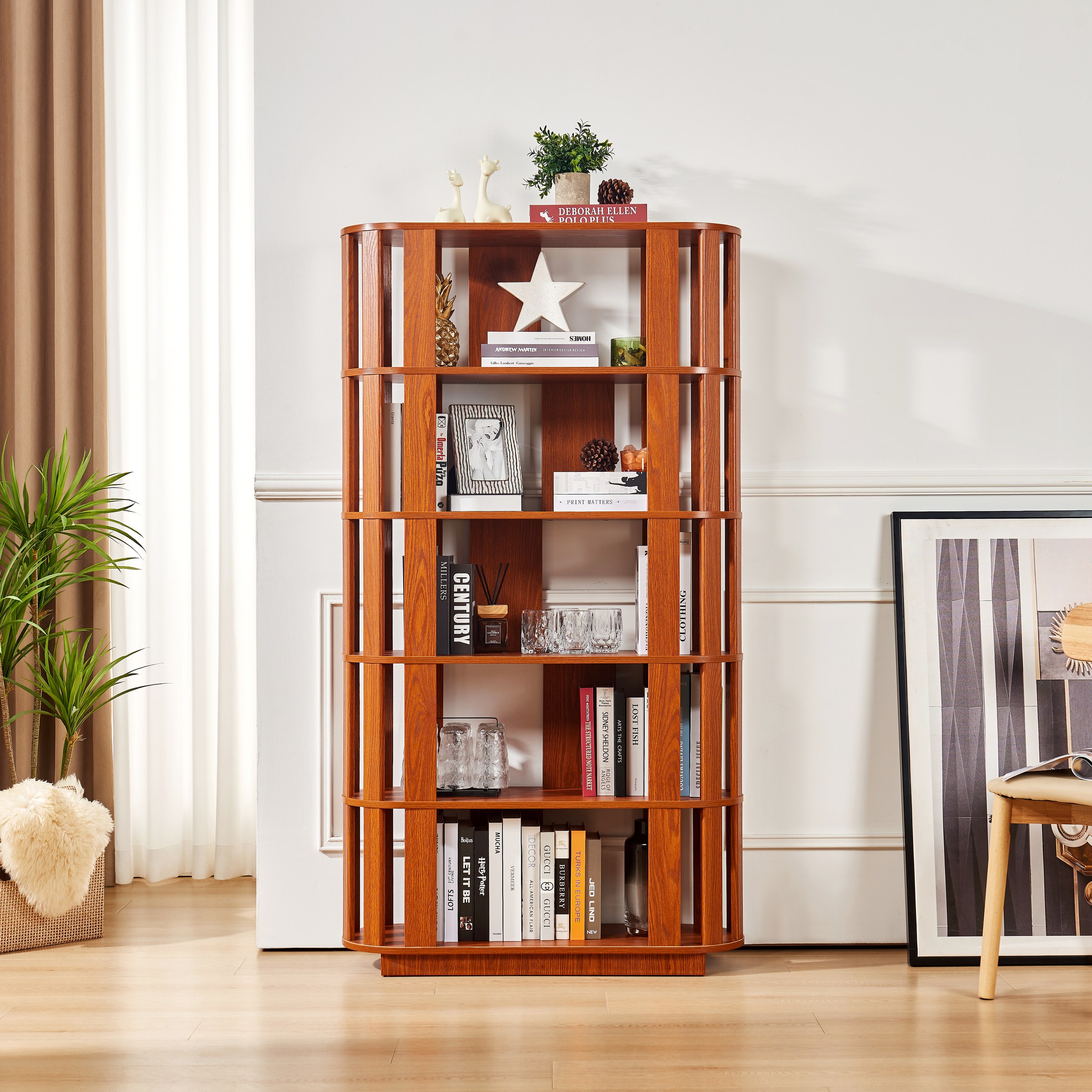 Wooden Oval Open Bookshelf, MDF Grid Frame Freestanding Bookcase, 5-Tier Easy Assembly Storage Display Rack for Living Room Home Office Decor, DIY Free Combination Storage Cabinet Study Room