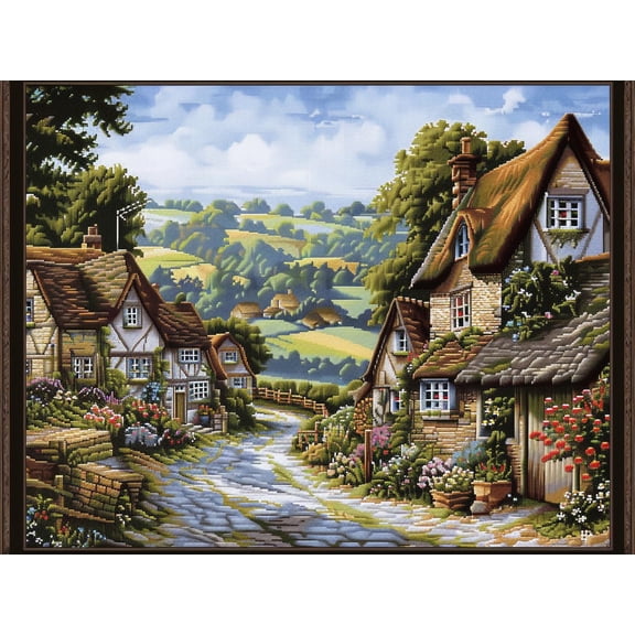 Countryside Cottage House Road DIY 11CT Stamped Cross Stitch Kits for Beginners Easy Needlepoint Embroidery Counted Cross Stitch Art Craft for Wall Decoration 12x16inch(1)