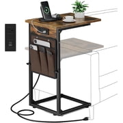 C Shaped End Table with Charging Station Adjustable Height Side Table for Couch Small Sofa Table with Storage Bag Slide Under Sofa TV Tray Snack Arm Tables for Living Room Bedroom Br