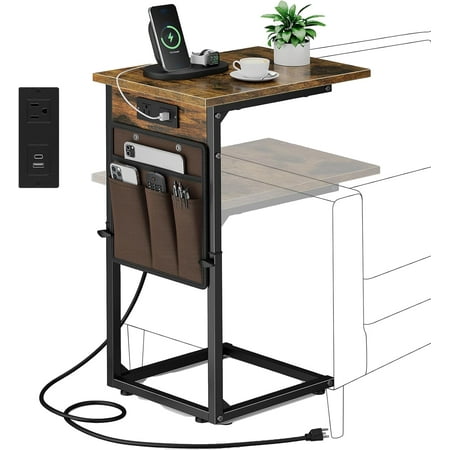C Shaped End Table with Charging Station Adjustable Height Side Table for Couch Small Sofa Table with Storage Bag Slide Under Sofa TV Tray Snack Arm Tables for Living Room Bedroom Br