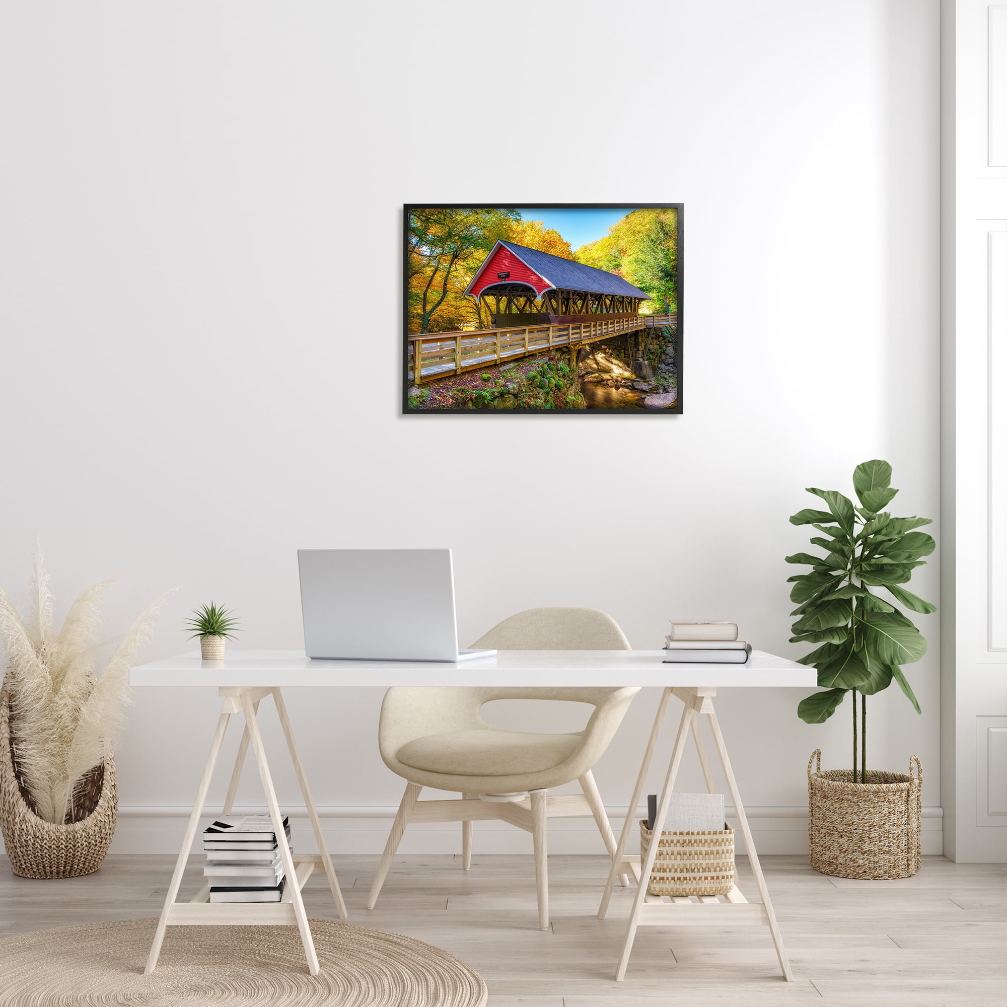 Stupell Red Covered Bridge Woodland Creek Landscape Photography Black Framed Art Print Wall Art