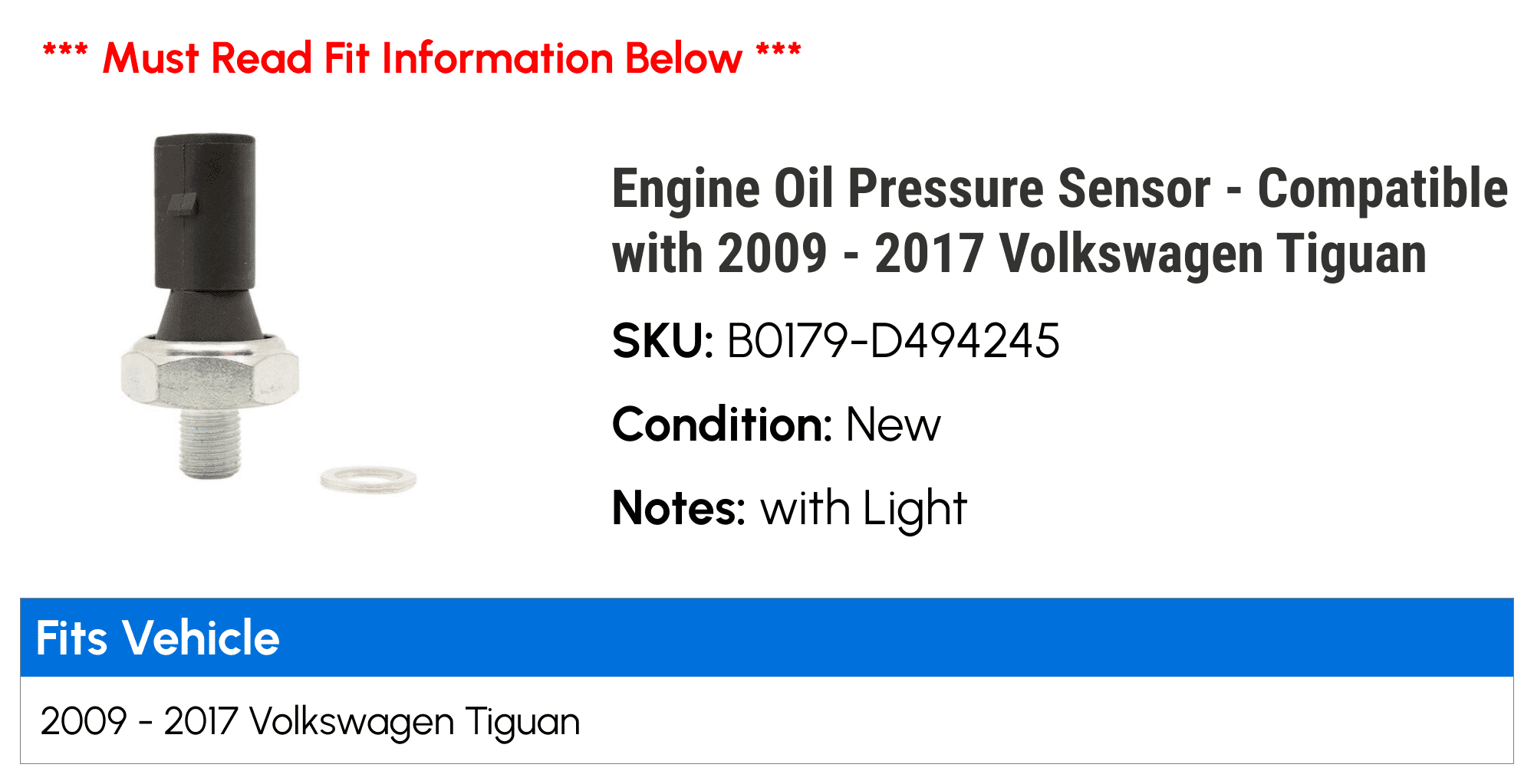 Engine Oil Pressure Sensor - Compatible with 2009 - 2017 Volkswagen Tiguan 2010 2011 2012 2013 2014 2015 2016