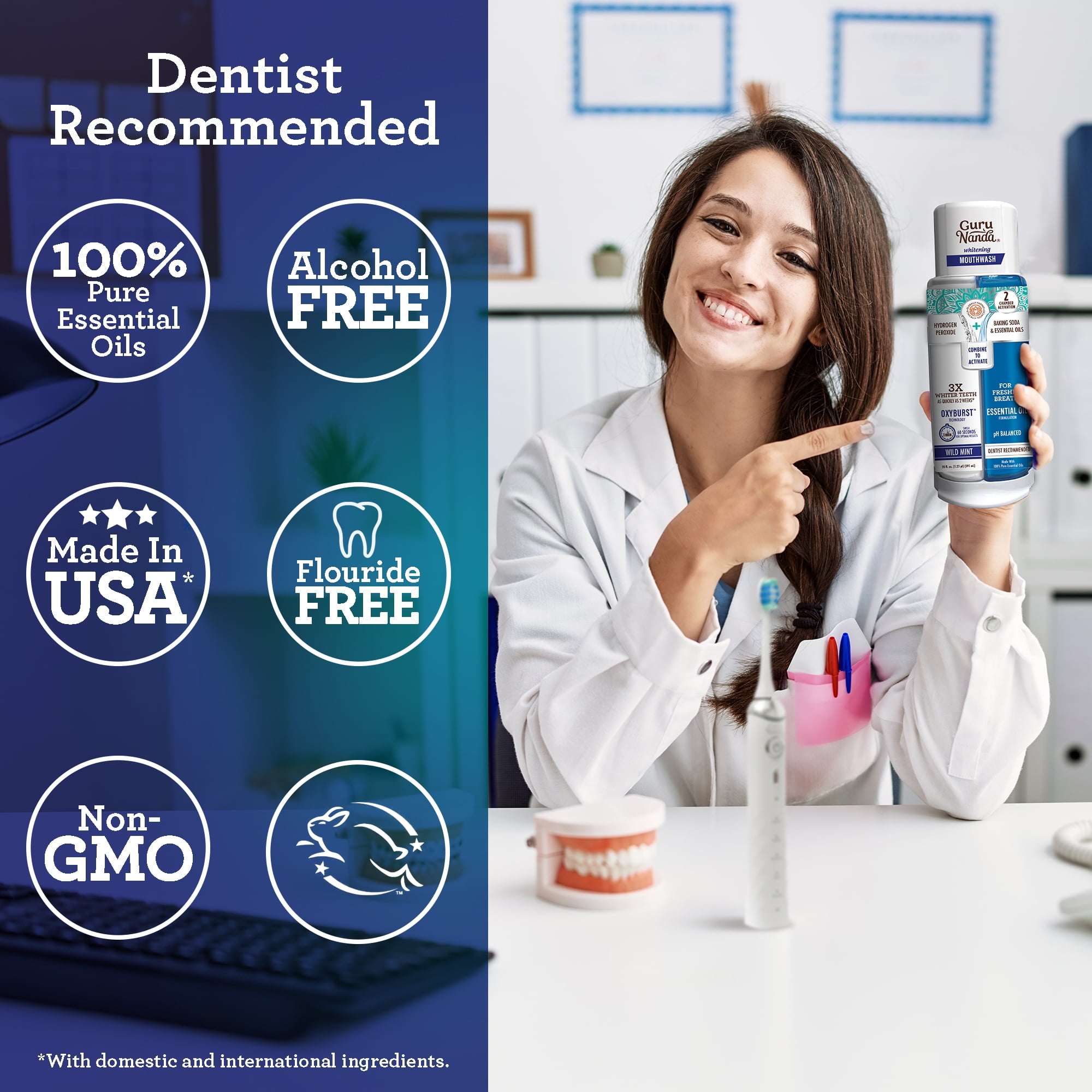 (3 pack) GuruNanda Teeth Whitening Dual Barrel Mouthwash- Alcohol Free & Fluoride Free, Wild Mint, 20 fl oz