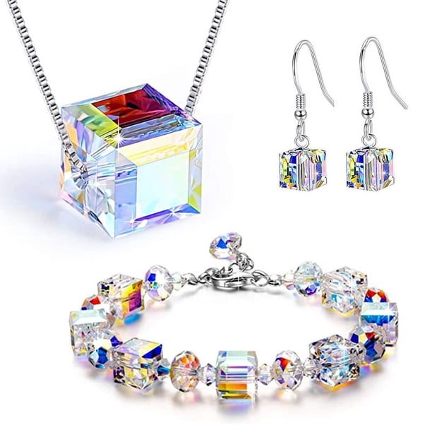 Pulsera de cristal para mujer con pendientes, pulseras de piedra natal para adolescentes con exquisita caja de joyería, regalo de aniversario/día de San Valentín/cumpleaños para mujer mamá