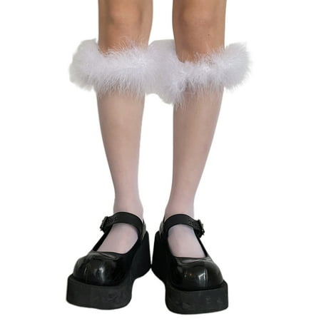 

Women Lolita Silky Thin Knee High Socks Sweet Furry Feather Trim Calf Stockings