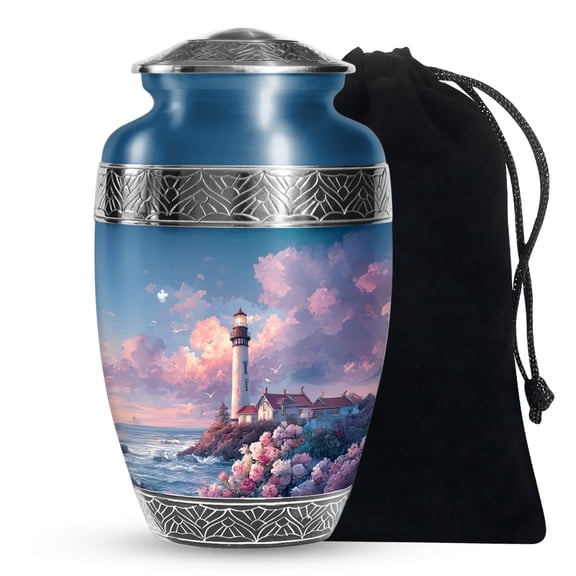 JAGASY Lighthouse Large Urn for Daughter - Flowers Urn for Ashes Adult Male - Blue Ocean Pink Clouds Birds Decorative Urns for Son - Memorial Urns for Cremation - (10 Inch)