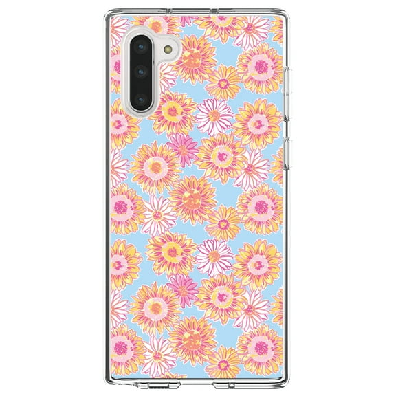 DistinctInk Clear Shockproof Hybrid Case for Samsung Galaxy Note 10 (6.3" Screen) - TPU Bumper, Acrylic Back, Tempered Glass Screen Protector - Preppy Pattern - Blue Pink Yellow Flowers Floral