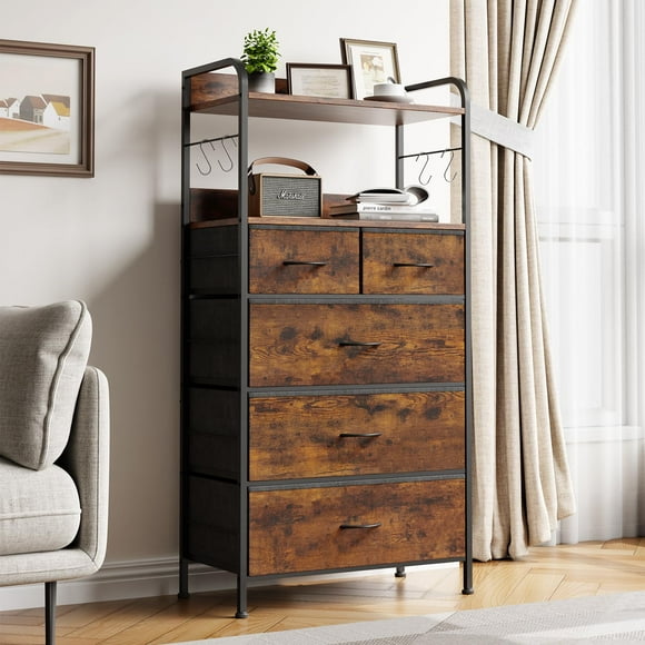 QinaQin Five-Drawer Fabric Wardrobe for Bedroom, Tall Storage Unit with Open Shelves and Hooks, Wooden Countertop, Suitable for Closet, Bedroom, Or Living Room