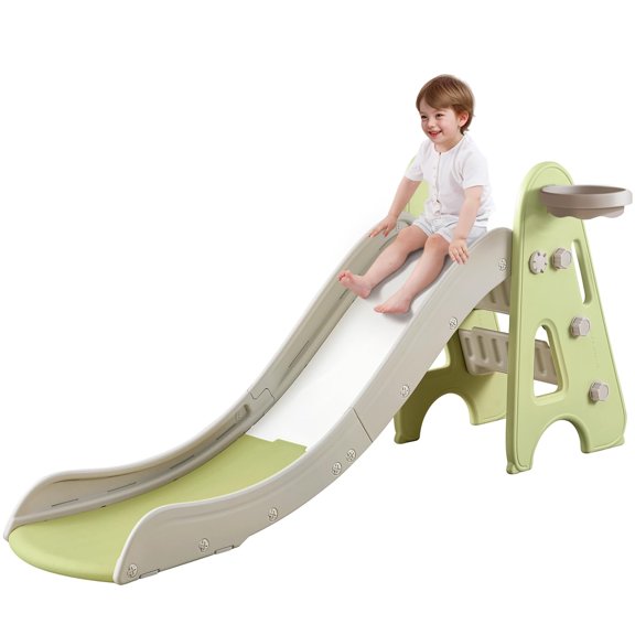 Toddler Slide Indoor Outdoor for Kids, 3 in 1 Foldable Kids Slide Easy Set Up Playset with Basketball Hoop & Ball, Freestanding Baby with Extra Long Slipping Slope for Kid Age 2-7
