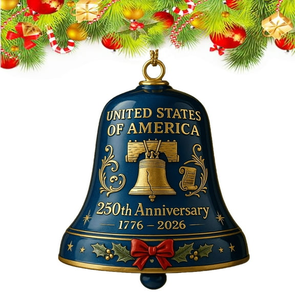USA 250th Anniversary Bell Ornament, 2D Acrylic Christmas Gold 250th Anniversarybell Ornament for Patriotic Holidays, Christmas Tree, Collectors Gift, Enamel Crafted Detailing (Blue)
