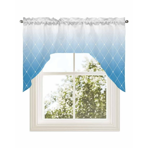 Blue Ombre Kitchen Curtains Swag Valance for Windows/Bathroom/Cafe, Modern Geometric Abstract Rhombus Striped Rod Pocket Drape Panel Swag Curtains Valance for Bedroom/Living Room 56"x36"