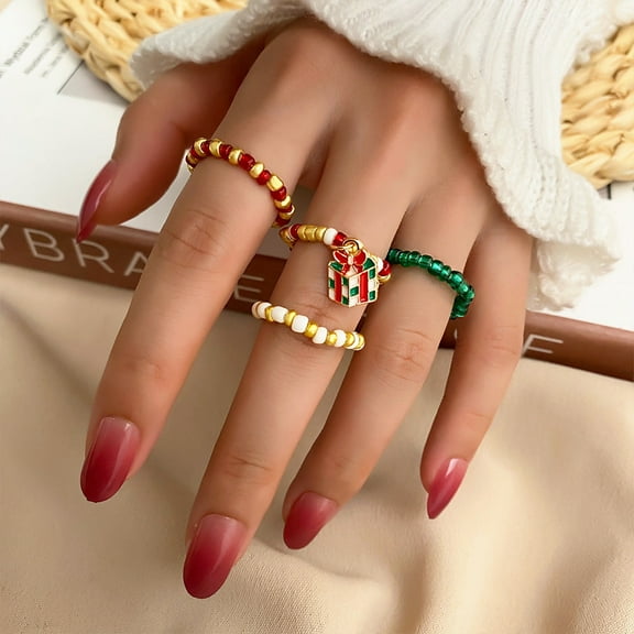Festive Holiday Alloy Rings, 4-Piece Set: Snowflake, Gift Box, Elk, Bell, and Santa Claus Designs