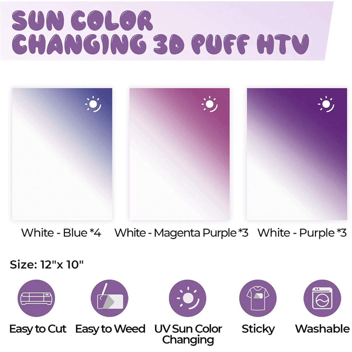 Sun Color Changing Puff Vinyl Heat Transfer - 10 Pcs 12X10Inch 3D Puff HTV Vinyl, 3 Colors Puff Heat Transfer Vinyl