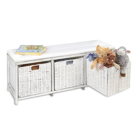Badger Basket Kid s Storage Bench with Woven Top and Baskets 2.7 Cu ft. - White