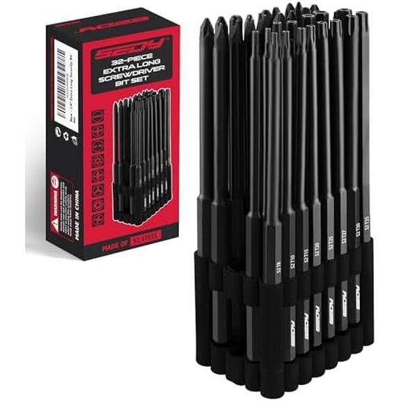 Extra Long Security Bit Set: 32-Piece S2 Steel Screwdriver Drill Bits for Tamper-Proof Screws, 6" Torx, PoziDriv, Spanner, Tri-Wing - Universal 1/4" Hex Shank for Electric, Impact Drills