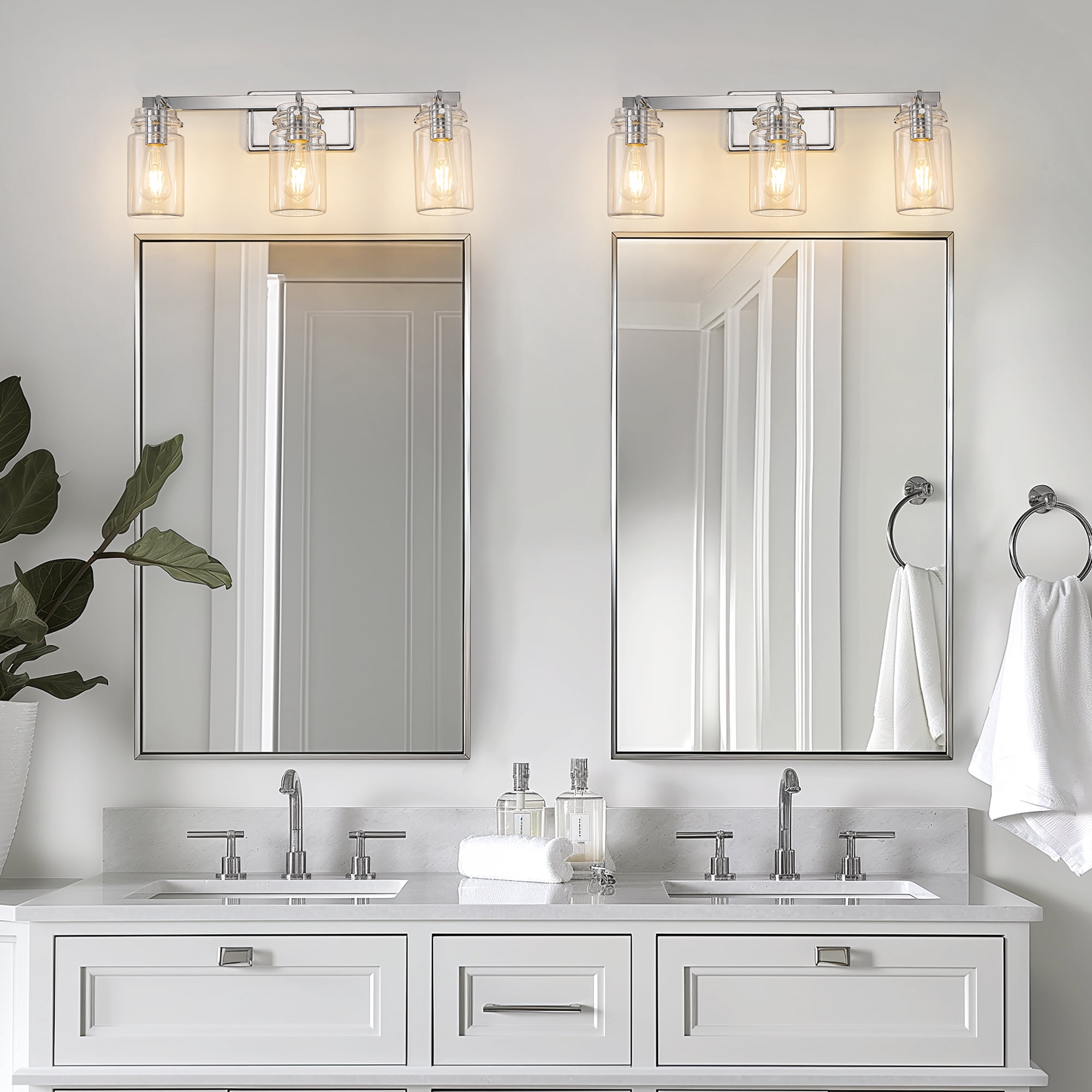 YANSUN 23.7" 3-Light Chrome Bathroom Vanity Light, E26 Base with Glass Shades for Mirror, Makeup, Dressing Room (Bulbs Not Included)